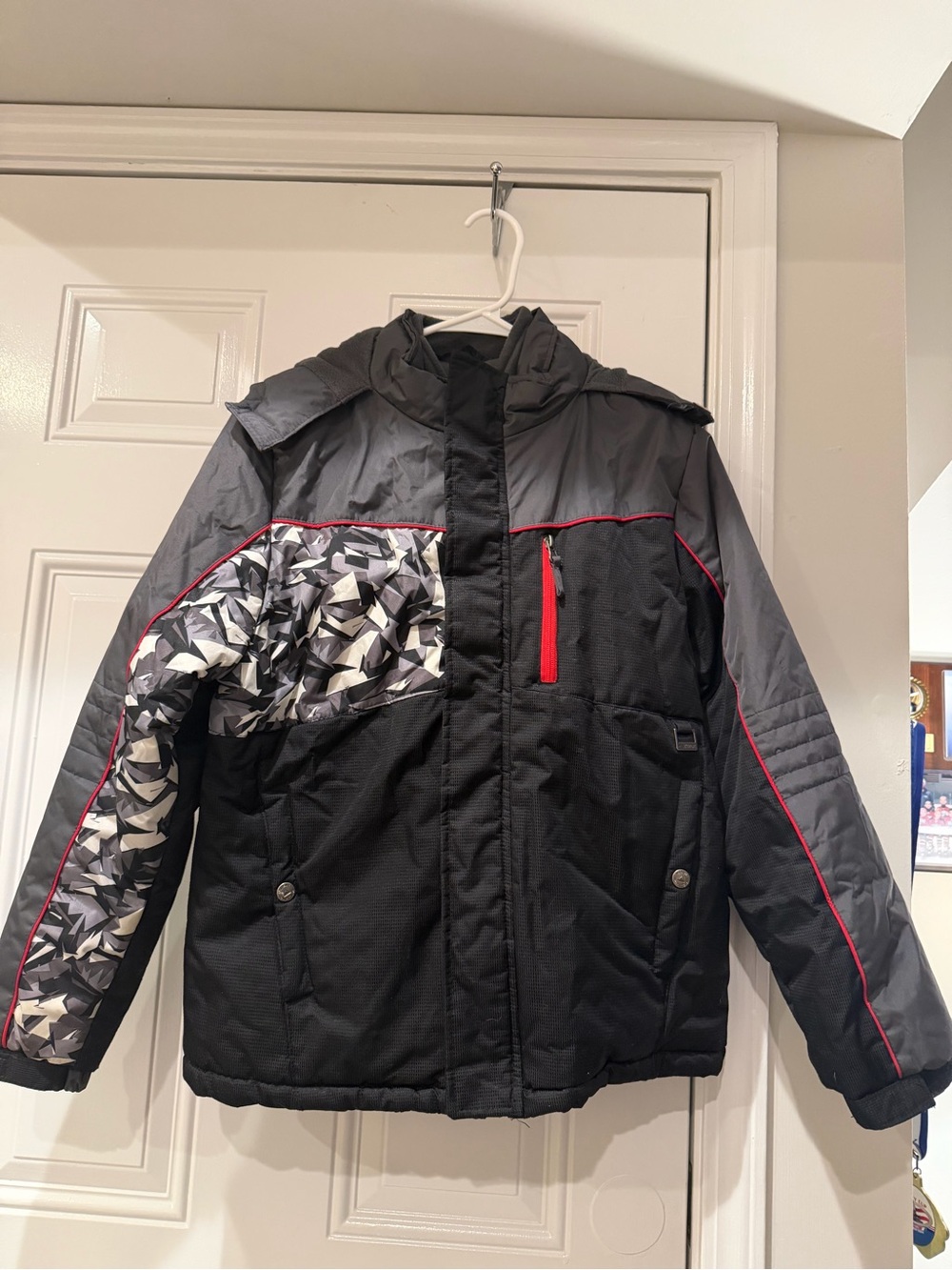 Kids Black and Gray Insulated Puffer Jacket with Red Accent